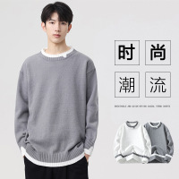 圆领男装毛衣春秋季新款假两件潮牌长袖打底衫内搭毛线男士针织衫