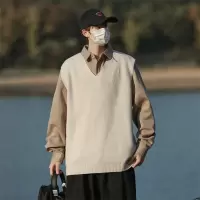 春秋新款毛衣男日系复古百搭休闲针织情侣假两件翻领纯色上衣外套