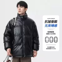 男装新款pu皮棉衣青少年时尚立领百搭加厚宽松纯色二开棉衣男外套