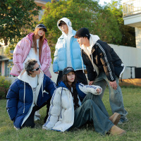 男装秋冬季棉服男女同款舒适拼色宽松加厚保暖假两件连帽外套棉衣