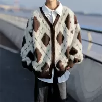 男装美式复古学院风菱形慵懒开衫毛衣男秋冬潮牌情侣款休闲针织衫