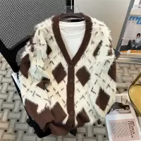 秋冬季新款港风复古菱形格子V领开衫毛衣男女同款情侣针织衫外套