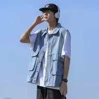 日系潮牌春秋新款休闲工装马甲男无袖牛仔宽松翻领百搭背心外套男
