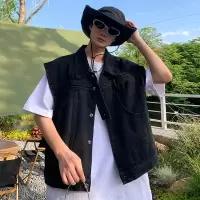 男装夏季新款潮牌牛仔马甲男小众设计感坎肩无袖背心百搭翻领外套