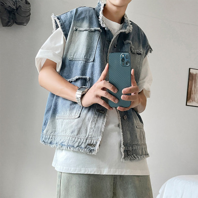 男装痞帅韩版潮流设计感牛仔马甲外套男夏季情侣无袖卡坎肩百搭上