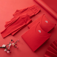 本命年大红色结婚保暖内衣男女士套装加厚无痕磨毛秋衣秋裤冬