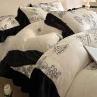 法式赫本风牛奶绒四件套a类花边珊瑚绒床单被套冬季加厚床上用品