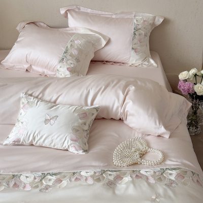 法式风长绒棉四件套100s浪漫花卉蕾丝被套纯棉刺绣床上用品