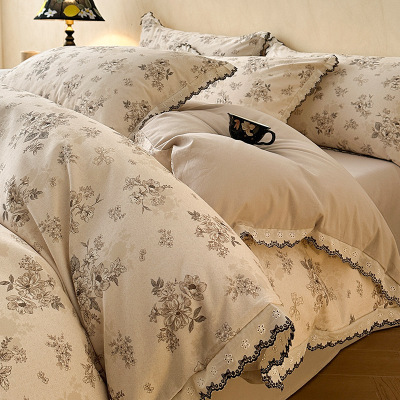 a类磨毛四件套秋冬复古花边被套南通床上三件套纯棉床单被罩