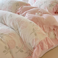 a类花牛奶绒四件套花边珊瑚绒被套冬季加绒床上用品法兰绒床单