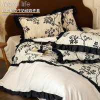 A类赫本风浮绒四件套法式花边牛奶绒被罩床单新款床上用品4