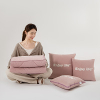 ins小清新高密全棉粉色华夫格慢享生活抱枕被色织水洗棉靠垫被