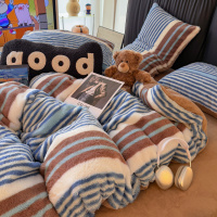 ins简约条纹兔毛绒床上四件套秋冬季加厚牛奶绒新款被套床单