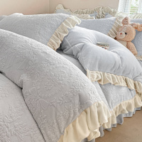 公主风花牛奶绒床上四件套冬季加厚珊瑚绒花边被套床单床笠床品