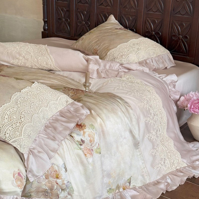 法式复古风100支磨毛四件套秋冬浪漫花卉加厚纯棉被套1.8床品