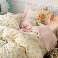 秋冬季A面纯棉B面牛奶绒保暖四件套卡通ins棉加绒加厚被套1.8床单
