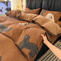 轻奢床上四件套A类中古风金钱豹床品60S纯棉磨毛被套床单