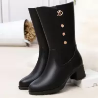 新款冬季靴子中年妈妈棉鞋粗跟防滑加绒中筒皮靴女士棉靴