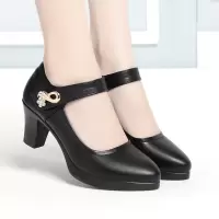 新款防水台皮鞋女时尚防滑走秀鞋女高跟粗跟圆头大码黑色女工作鞋