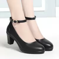 防水台高跟粗跟圆头工作女单鞋软皮模特一字带旗袍中跟走秀鞋