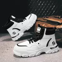 冬季新款中高帮时尚英伦工装男鞋增高厚底草编底防水马丁靴男