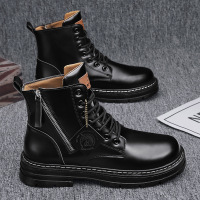男士秋季上新款拉链款纯色简约马丁靴皮革透气休闲时尚假系带靴子