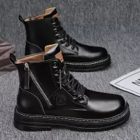 男士秋季上新款拉链款纯色简约马丁靴皮革透气休闲时尚假系带靴子