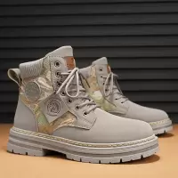 男士秋季新款印花简约系带运动鞋马丁男靴一脚蹬舒适透气中高帮靴