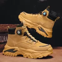 秋冬高帮皮面马丁靴厚底增高旋转纽扣免系带工装户外运动靴男靴