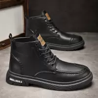 工装靴男士中帮秋季新款黑色马丁短靴厚底增高机车复古皮面男鞋