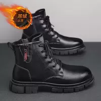 秋冬季加绒皮靴中帮侧拉链户外防风运动短靴青年保暖时尚黑色男靴