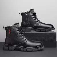 秋冬季新款皮靴中帮侧拉链户外防风运动短靴青年增高时尚黑色男靴