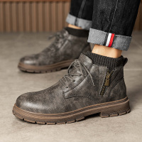 英伦风男士短靴秋季皮面侧拉链套脚马丁靴潮搭青年休闲男靴