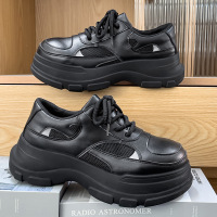 情侣秋季新网格拼接圆头低帮正装工作休闲皮鞋厚底亮面英伦风皮鞋