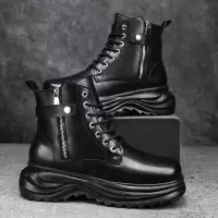 马丁靴秋冬季黑色厚底英伦风机车高帮皮靴运动工装侧拉链马丁男靴