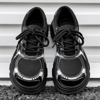 情侣秋季黑色皮革网面拼接圆头低帮正装工作休闲皮鞋厚底亮面皮鞋