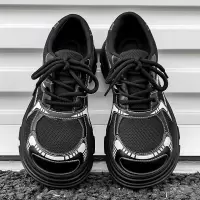 情侣秋季黑色皮革网面拼接圆头低帮正装工作休闲皮鞋厚底亮面皮鞋