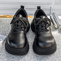 情侣秋季黑色系带简约时尚圆头低帮正装工作休闲皮鞋厚底亮面皮鞋