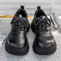 情侣秋季黑色系带简约时尚圆头低帮正装工作休闲皮鞋厚底亮面皮鞋