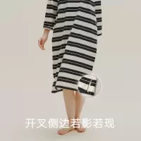 睡衣女秋季优可丝长袖中长款睡裙抑菌型休闲黑白条纹大码连衣裙