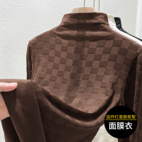 欧货半高领格子提花T恤女夏季新款洋气加绒内搭打底衫上衣潮