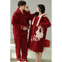 情侣大红色结婚法兰绒开衫睡衣提花绒加厚保暖可爱珊瑚绒家睡袍女