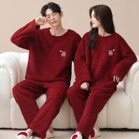 情侣睡衣秋冬季珊瑚绒本命年喜庆结婚大红色一男士一女家居服套装