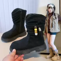 儿童中筒靴女童时尚绒面靴子轻便软底流苏秋冬时装皮靴韩版公主鞋