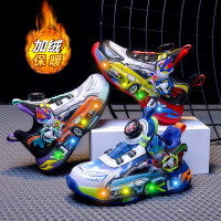 男童运动鞋秋冬新款皮面儿童鞋子加棉保暖带灯宝宝男孩发光鞋