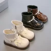 儿童皮靴女童秋季新款时尚软底马丁靴女孩蝴蝶结珍珠公主靴子