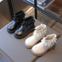 女童皮靴秋冬新款蕾丝英伦风马丁靴韩版女孩时尚加绒防滑短靴