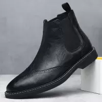 切尔西靴男英伦风花短靴软皮复古高帮男款皮靴秋冬季加绒马丁靴