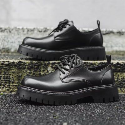 大码复古商务休闲大头皮鞋男新款厚底增高工装青年德比鞋