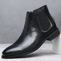 高端复古尖头切尔西靴男士一脚蹬休闲真皮英伦风皮靴中帮马丁靴潮